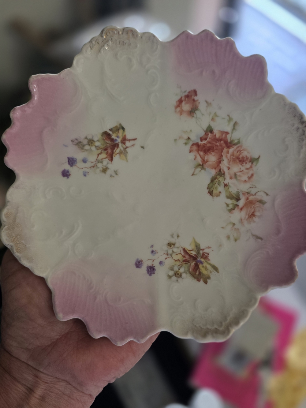 Victorian Style Floral Pink Scalloped Porcelain Plate
